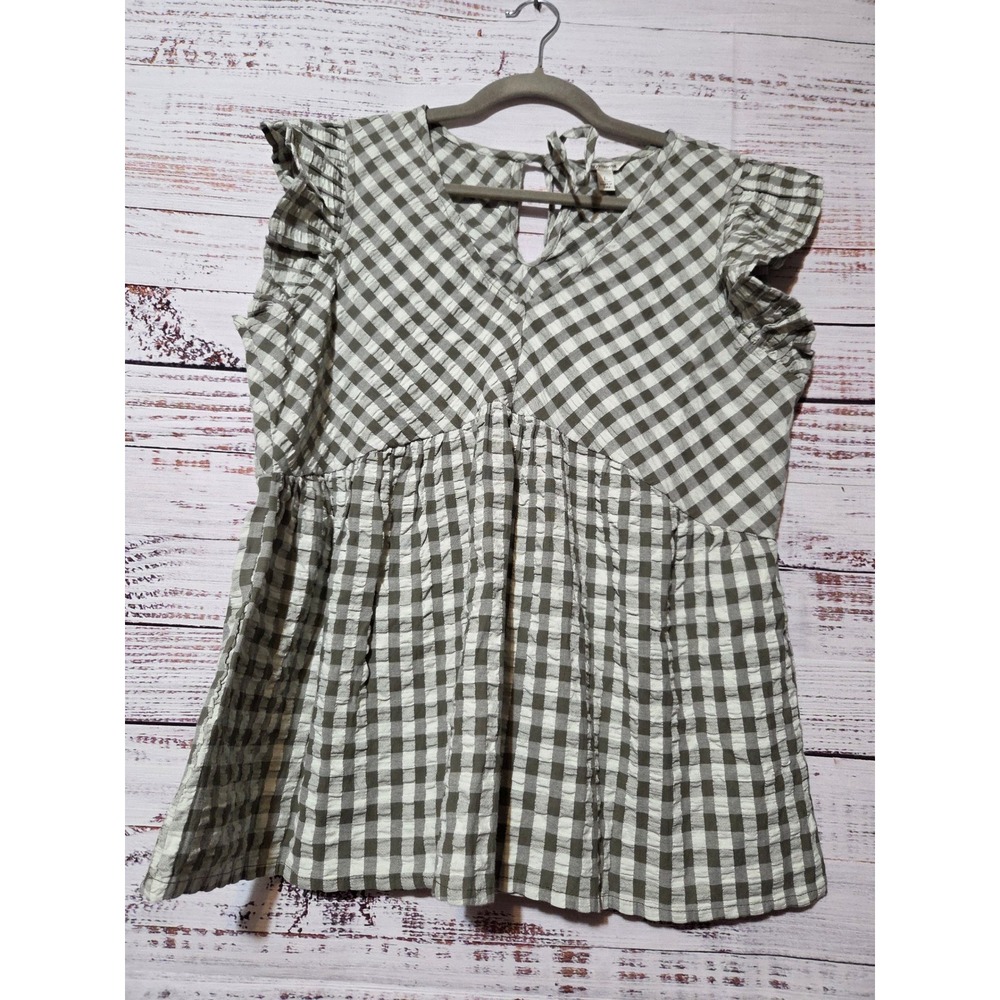 Versona Olive Green Gingham Seersucker Flutter Sleeve Peplum Top L Cottagecore